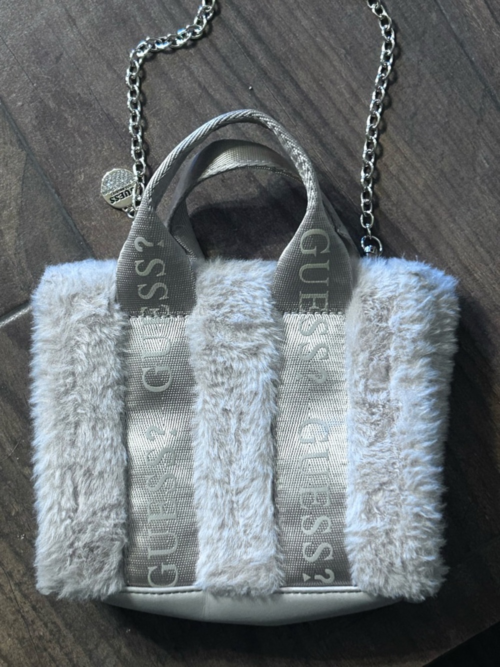 GUESS Faux Fur Mini Tote Bag in Light Tan